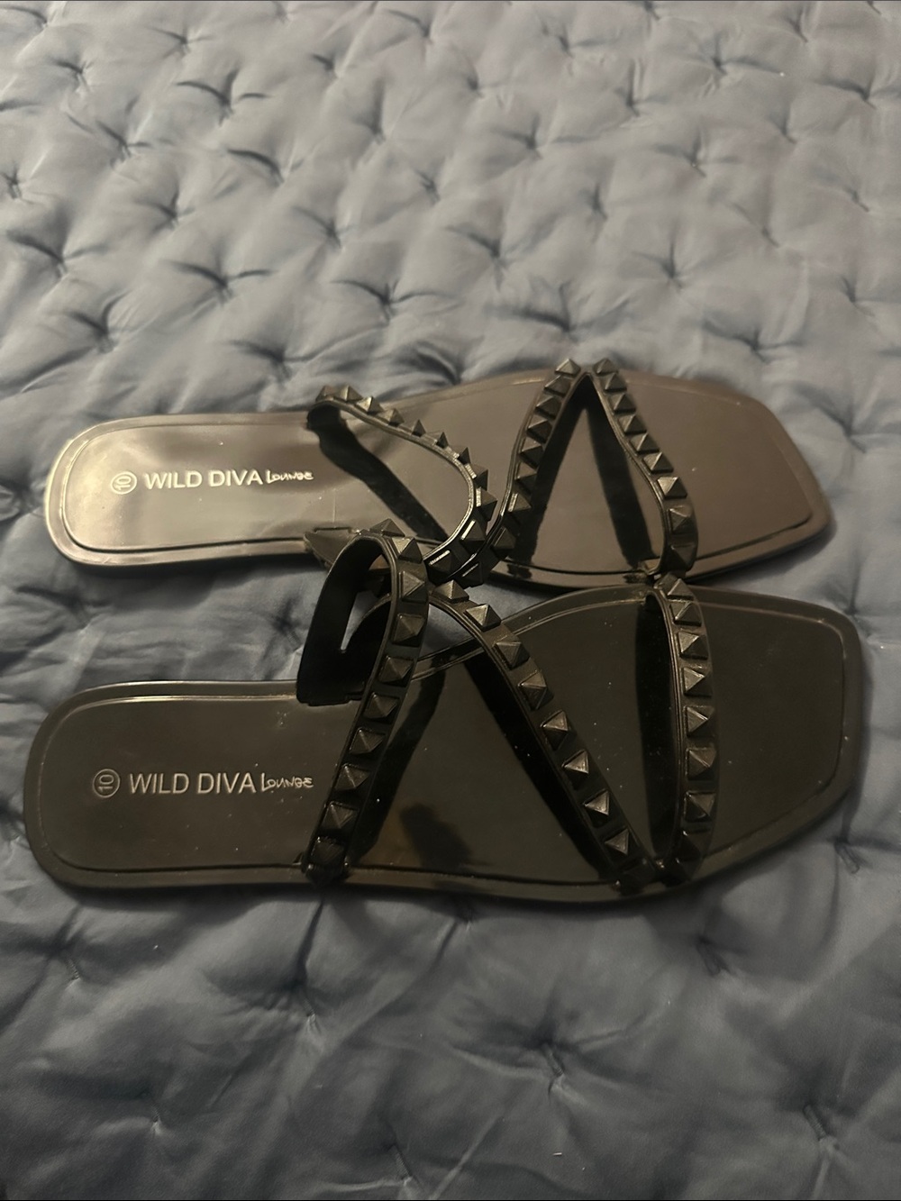 DIVA Lounge Black Studded Cross-Strap Slide Sandals